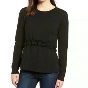HALOGEN Black Cotton Crew Neck Ruffle Sweatshirt Size SP